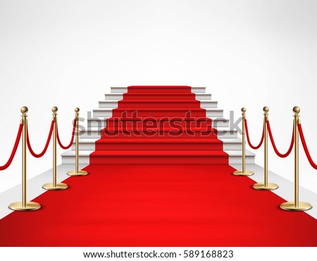 Red carpet event with white marble stairs and gold queue rope barriers posts stands realistic vector illustration 