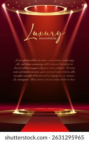 Red Carpet and Gold Fashion Event Invitation, Decorative Classic Look with Elite Announcement Feel, Red Carpet Stage with Podium Entry for Show.