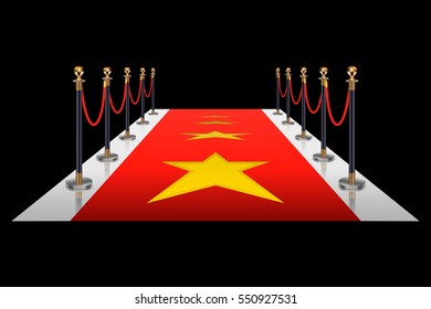 Red carpet with gold stanchions. Vector illustration.