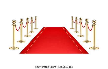 Red carpet and Golden barrier with rope for VIP presentation. Isolated white background. Eps10 vector illustration.