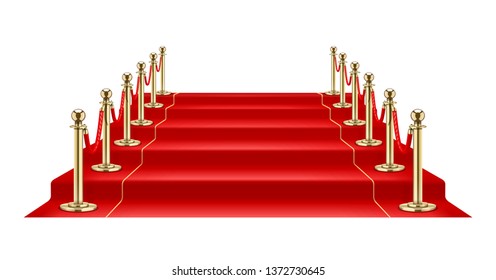 Red carpet and Golden barrier with rope for Vip presentation. Defence equipment for guard celebrity on red carpet. Isolated white background. Eps10 vector illustration.