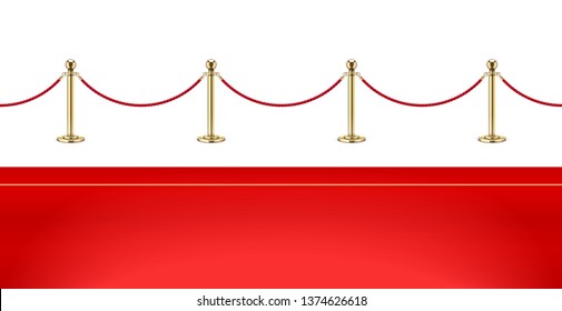 Red carpet and Golden barrier with rope for Vip presentation. Defence equipment for guard celebrity on red carpet. Isolated white background. Eps10 vector illustration.