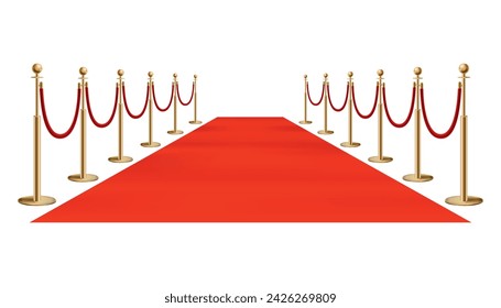 Red carpet golden barriers. Exclusive event. Red carpet with stairs red ropes and golden stanchions. Movie premiere, gala, ceremony, award concept