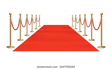 Red carpet golden barriers. Exclusive event. Red carpet, red ropes and golden stanchions. Movie premiere, gala, ceremony, award concept