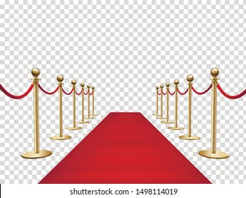 Red carpet and golden barriers realistic 3d vector illustration. VIP event, luxury celebration. Celebrity party entrance. Grand opening. Shiny fencing on transparent background. Cinema premiere