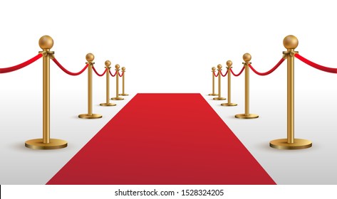 Red carpet and golden barriers realistic vector. VIP event, luxury celebration. Celebrity party entrance. Grand opening cinema premiere. Shiny fencing vector illustration. Isolated on white background