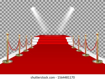 Red carpet and golden barriers with stairs, scene and spotlights. VIP entering the stage for the award. Shiny fencing isolated on transparent background. Vector illustration.