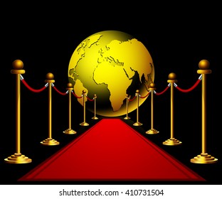 Red Carpet To The Golden Earth Globe On Dark Background