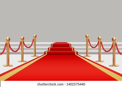 Red carpet. Golden fencing and red carpet with a rise on the stage. Vector illustration in realistic style.