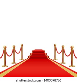 Red carpet. Golden fencing and red carpet with a rise on the stage. Vector illustration in realistic style.