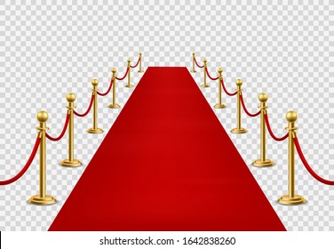 Red carpet. Grand opening ceremonial, vip event or state visit. Cinema premiere, celebrity entrance red velvet carpet with barriers at award ceremony vector mockup