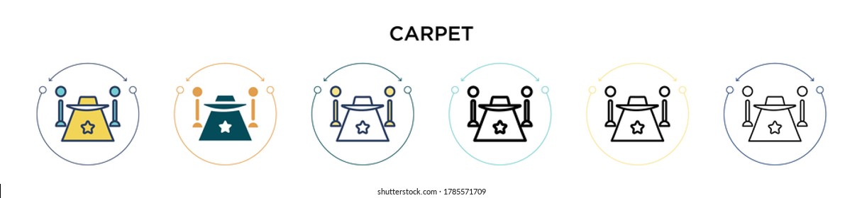Icono de alfombra roja en estilo relleno, delgado, contorno y trazo. Ilustración vectorial de dos iconos vectoriales de alfombras rojas coloreadas y negras se pueden utilizar para móviles, ui, web