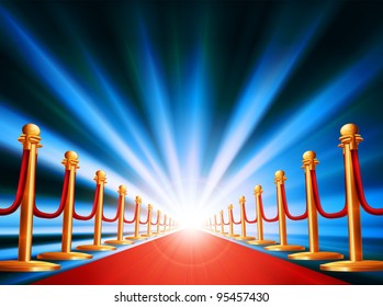 A red carpet leading to somewhere exciting with bright light and abstract background