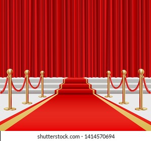 Red carpet leading to the stage with a red curtain. Golden fencing and red carpet with a rise on the stage. Vector illustration in realistic style.