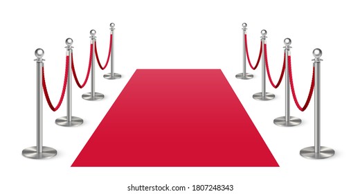 Red carpet with metal column guard isolated on white background. Entertainment, festival event, reward ceremony. Design for cinema premiere celebration and performance on stage, in theater