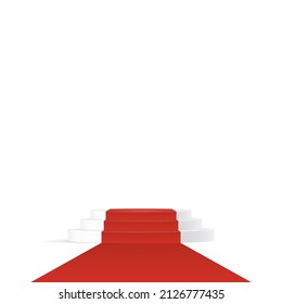 Red carpet on 3d round podium for winners and exclusive events vector illustration. Realistic triple platform stage template for luxury ceremony on white background