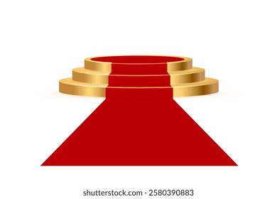 Red carpet on golden podium. Empty gold round metal stage with red carpet for product presentation or winner award ceremony. Realistic vector illustration isolated on white background.