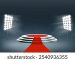 Red carpet on the podium with steps. Illuminated by spotlights. Stock vector illustration