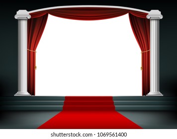Red carpet on the podium with steps. Curtain and marble antique columns with an arch. Stock vector illustration.