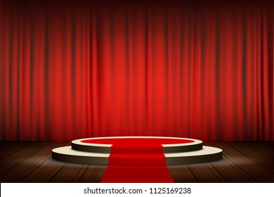 Red carpet on the round podium with steps. Velvet curtain on stage. Stock vector illustration.