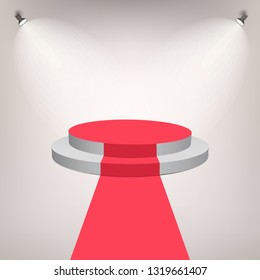 Red carpet on a Stage Podium For Award. White empty round Stage with stairs. Pedestal for winners. Three-stage for award ceremony. Vector