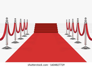 Red carpet on stairs with red ropes on silver stanchions