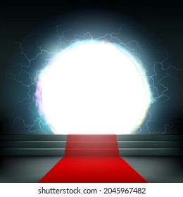 Red carpet on steps lead to gate with light. Vector background with place for text