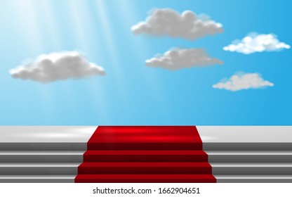 red carpet on the white stage with sunlight and cloud on the blue sky background