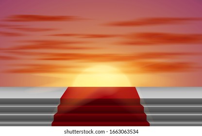 roter Teppich auf weißer Bühne mit Sonnenlicht auf Sonnenuntergang
