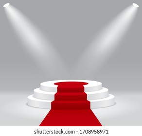 Red Carpet On Winner Podium. Round Stage With Spotlight. Empty Stair Pedestal For Award Ceremony On Isolated Background. 3d Illuminated Platform For Celebration Of Victory. Vector Vip Catwalk