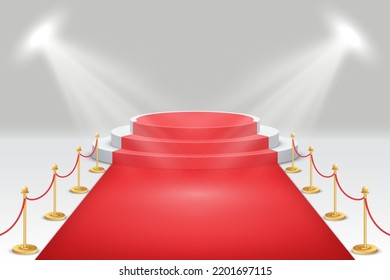 Alfombra roja en el podio ganador con una caminata de barrera dorada. Estadio redondo con iluminación de foco. Campeón de escalera vacío para la ceremonia. 3d plataforma iluminada para la celebración. Ilustración del vector