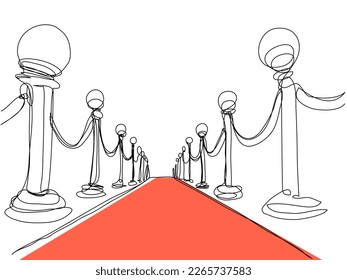 Red carpet one line on a white background. Award ceremony and avenue of stars in conceptual style. Stock vector illustration with editable stroke.