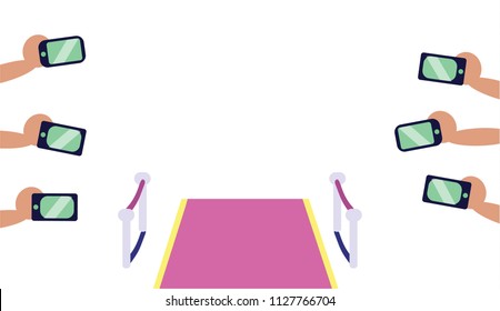 Red carpet with paparazzi's hands taking photoes with phones. Flat style.  Isolated vector illustration
