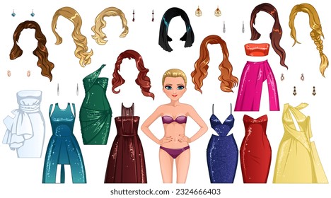 Red Carpet Paper Doll with Cute Cartoon Character, Outfits, Hairstyles and Earrings. Vector Illustration