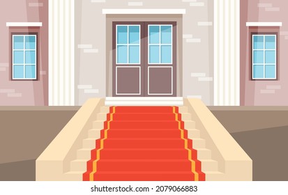 Red Carpet And Pedestal For Rewarding Ceremony. Decorated Stairs For Star Guests Of Event. Red Carpet Velvet At Entrance To Building. Staircase For Celebrity Welcome Ceremony Vector Illustration