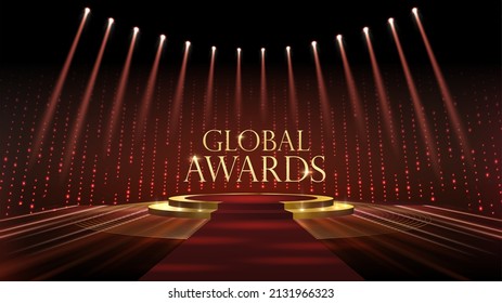 Red Carpet Platform Steps Golden Stage Spotlights Royal Awards Graphics Background. Lights Elegant Shine Modern Template. Dotted Luxury Premium Corporate Template. Classy Abstract trophy banner.