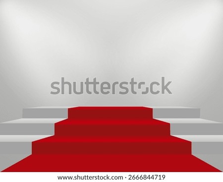 Red carpet and podium 3D round stage. Circle white pedestal. Empty vector showroom platform.