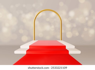 Fundo de pódio tapete vermelho. Vetor de estágio vencedor. Plataforma 3d para exibição de produto ou prêmio. Exibição de exposição Vip. Melhor apresentação de cinema com arco de ouro e escadas para ilustração de publicidade