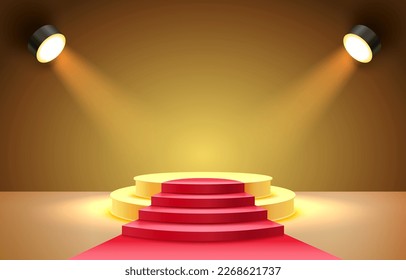 Red carpet podium room, show platform scene, studio presentation. Vector illustration