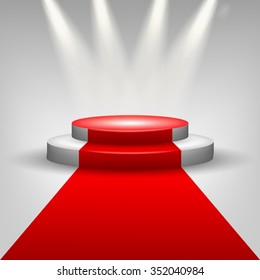Red carpet to podium stage with spotlights