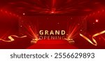 Red carpet podium for winner award background. 3d vip event stage. Abstract luxury cinema studio banner with pedestal and gold sparkle. Realistic room for birthday celebration or glamour presentation