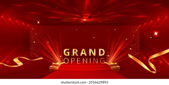 Red carpet podium for winner award background. 3d vip event stage. Abstract luxury cinema studio banner with pedestal and gold sparkle. Realistic room for birthday celebration or glamour presentation