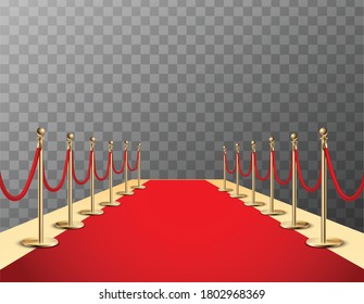 Red carpet realistic colored composition with red event carpet barrier and transparent background vector illustration