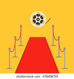 Red carpet and rope barrier golden stanchions turnstile Movie premiere Cinema reel. Isolated template Yellow background. Flat design Vector illustration