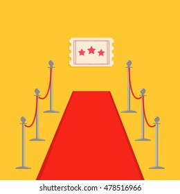 Red carpet and rope barrier golden stanchions turnstile Movie premiere ticket with stars. Isolated template Yellow background. Flat design Vector illustration