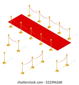 Red Carpet And Rope Barrier Set Isometric View. Vector Illustration