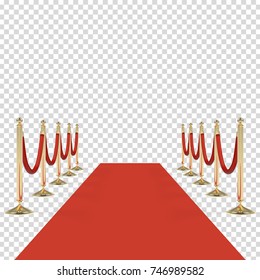 Red carpet with red rope, golden stanchions. Exclusive event, movie premiere, gala, ceremony, awards concept. Blank template illustration with space for object, person, logo, text. Vector illustration