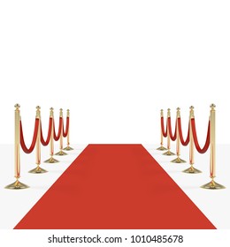 Red carpet and red ropes on golden stanchions with place for your image or text. Vector illustration