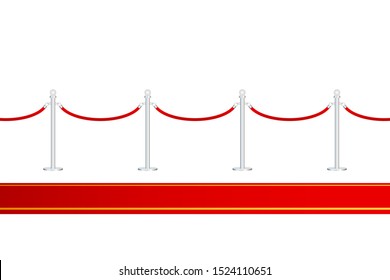 Red carpet with red ropes on golden stanchions. Exclusive event, movie premiere, gala, ceremony, awards concept. Vector illustration.