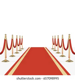 Red carpet with red ropes on golden stanchions. Exclusive event, movie premiere, gala, ceremony, awards concept. Blank template illustration with space for an object, person, logo, text.